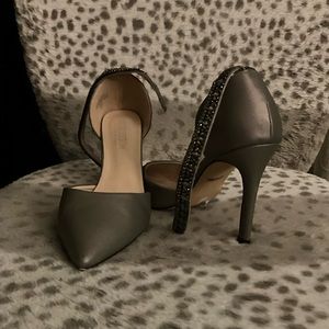 Dark gray heels with a beaded strap